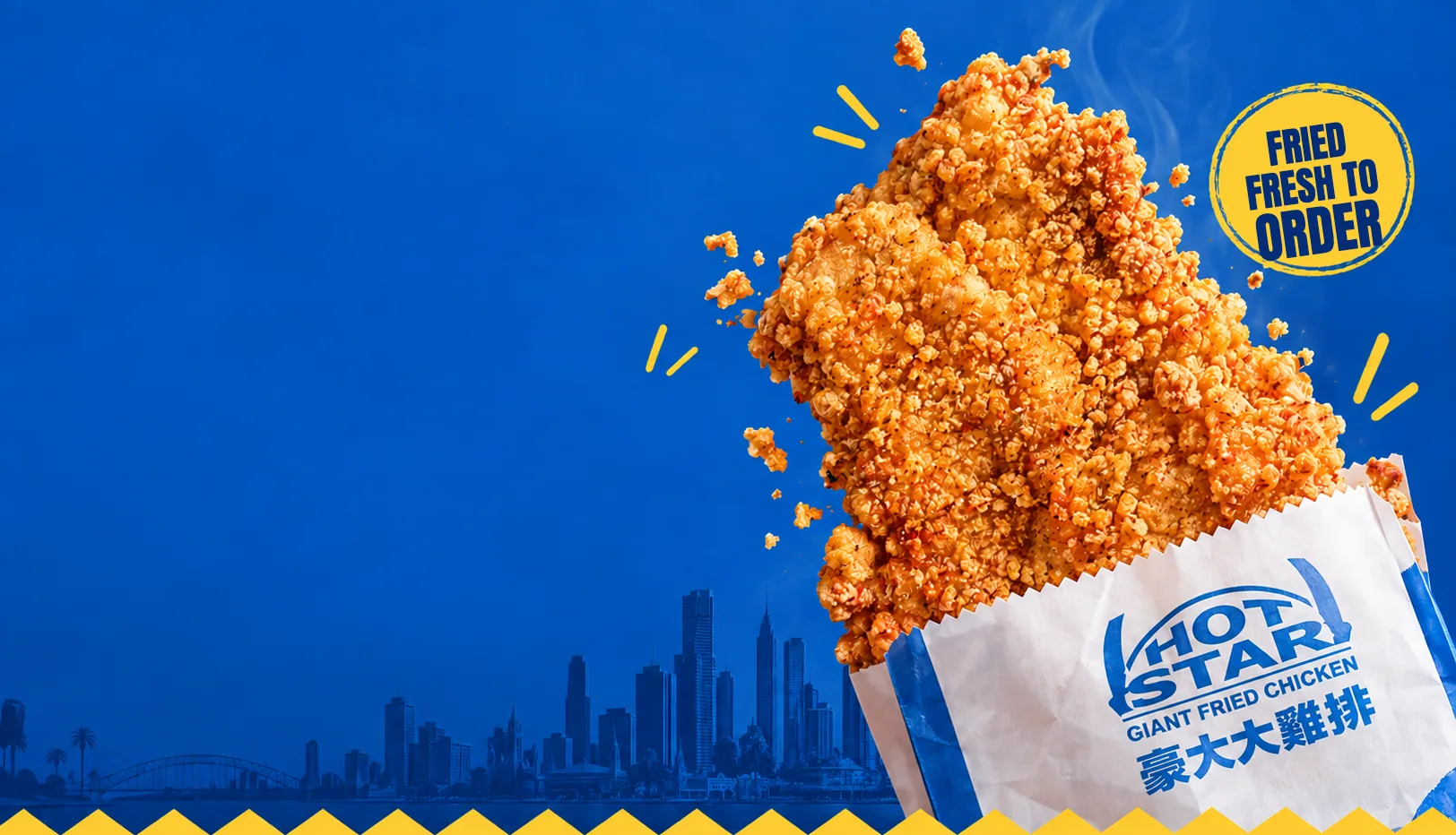 A giant Hot Star fried chicken bursting from its paper bag